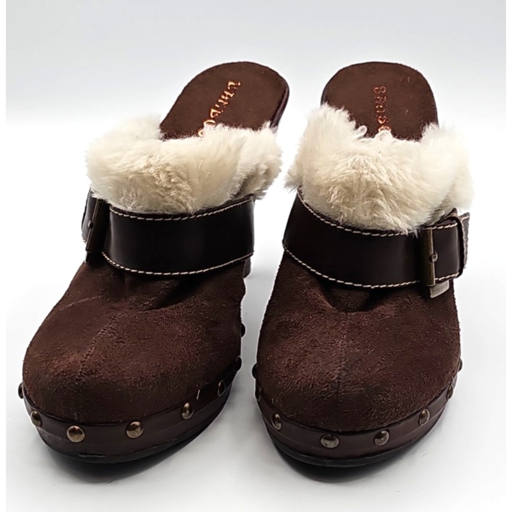 Bamboo Swing-55 Women's 8 Brown Faux Fur Lined Mules Clogs Block Heel Studded